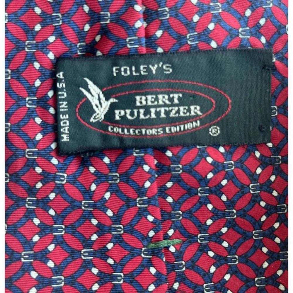 Burt Pulitzer Geometric 100% Silk Tie Red and Navy with Buckle Motif Vintage 90s